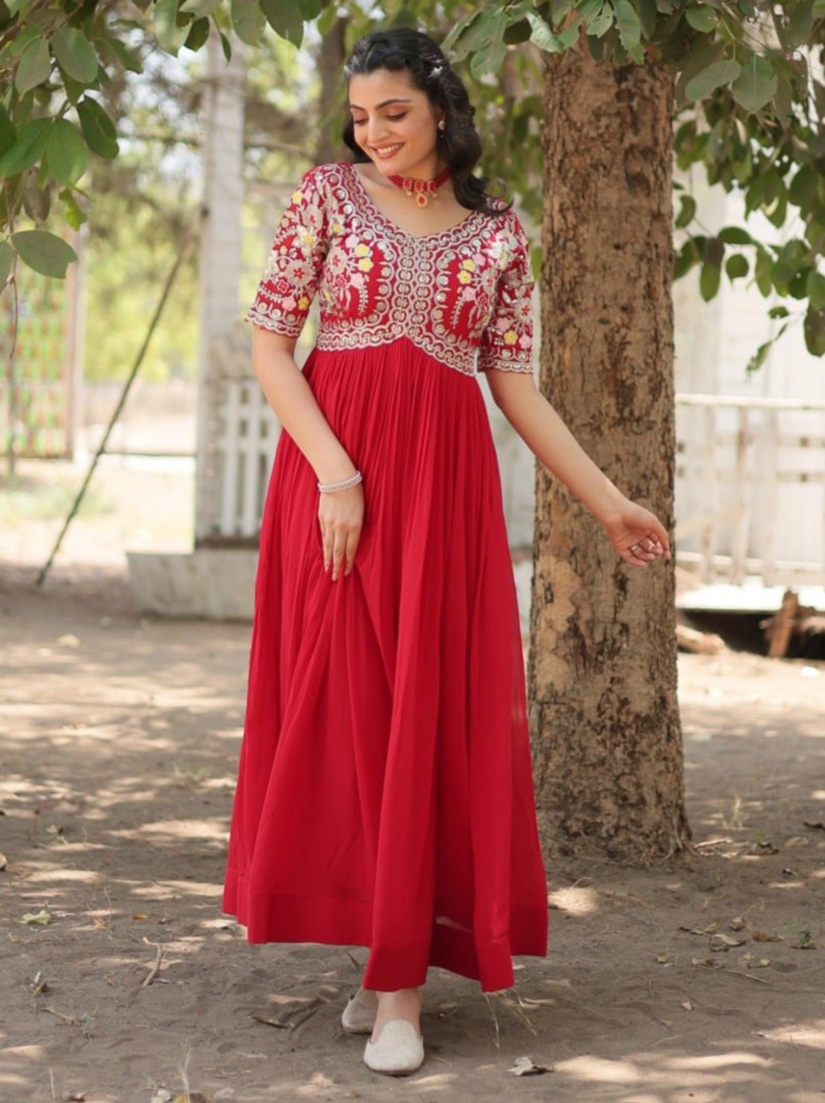 Full flared Georgette base Embroidered Red Gown Sale Outlet Locations