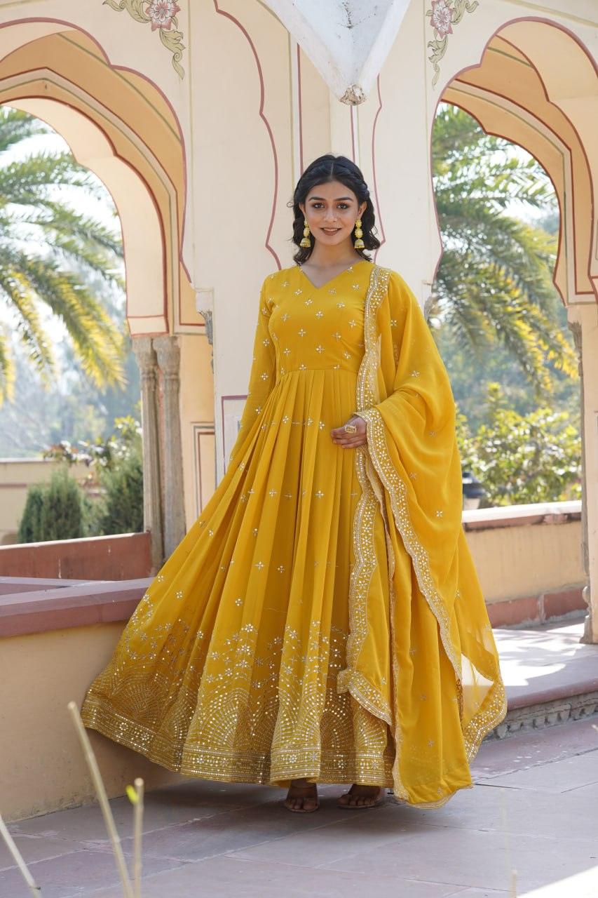 Amazing Faux Georgette Zari Sequins Worked Gown With Dupatta Brand New Unisex Cheap Online