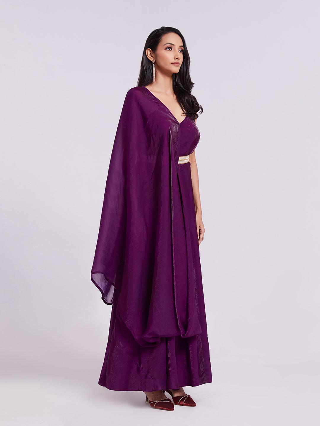 Purple organza readymade gown with attach dupatta and belt Discount Huge Surprise