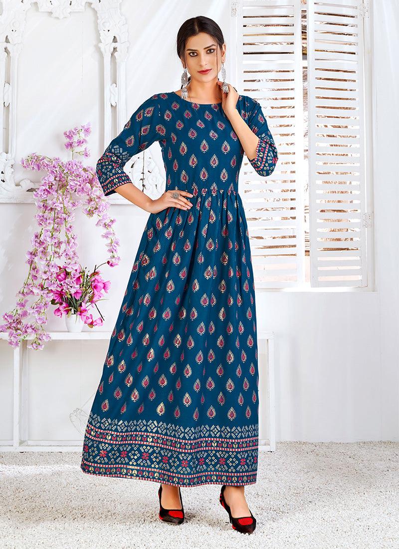 Peacock Blue Color Rayon Base Long Kurti With Silk Weave Cheap Original