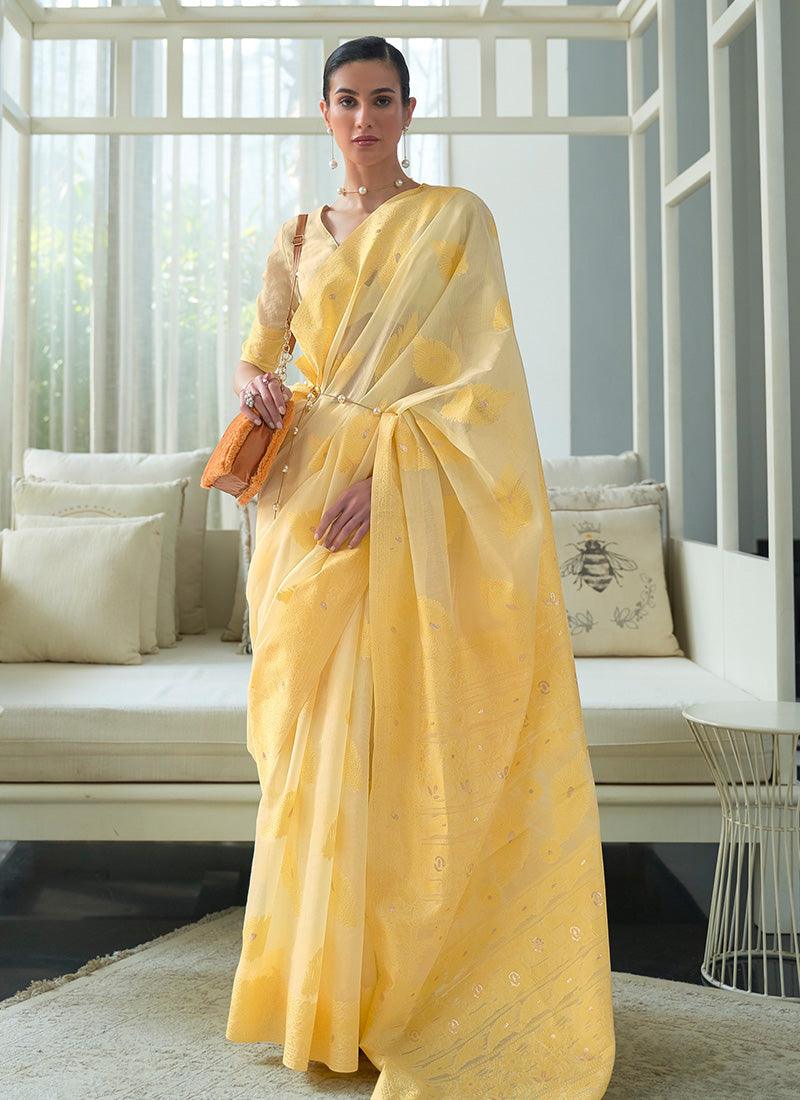 Silk Base Low Cut Neck Lemon Yellow Saree Buy Cheap Pre Order