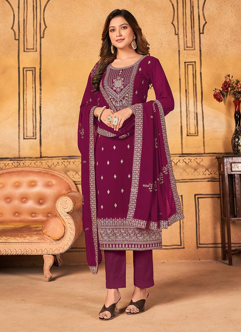 Embroidered Maroon Georgette Pant Style Suit Free Shipping Sast