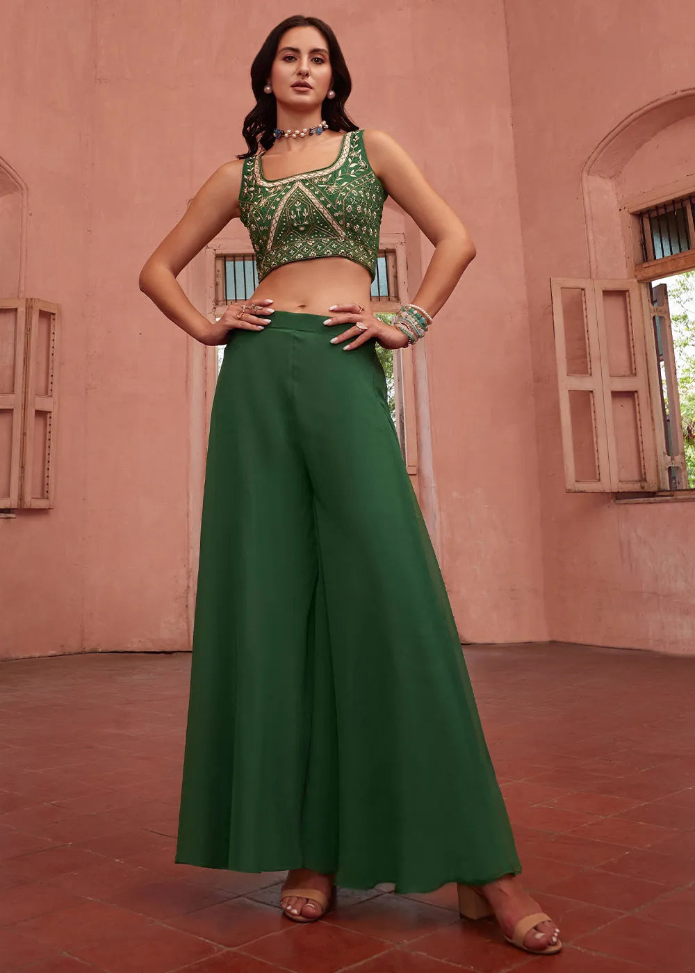 Forest Green Palazzo Suit with Embroidered Designer Top in Fancy Fabric Outlet Online