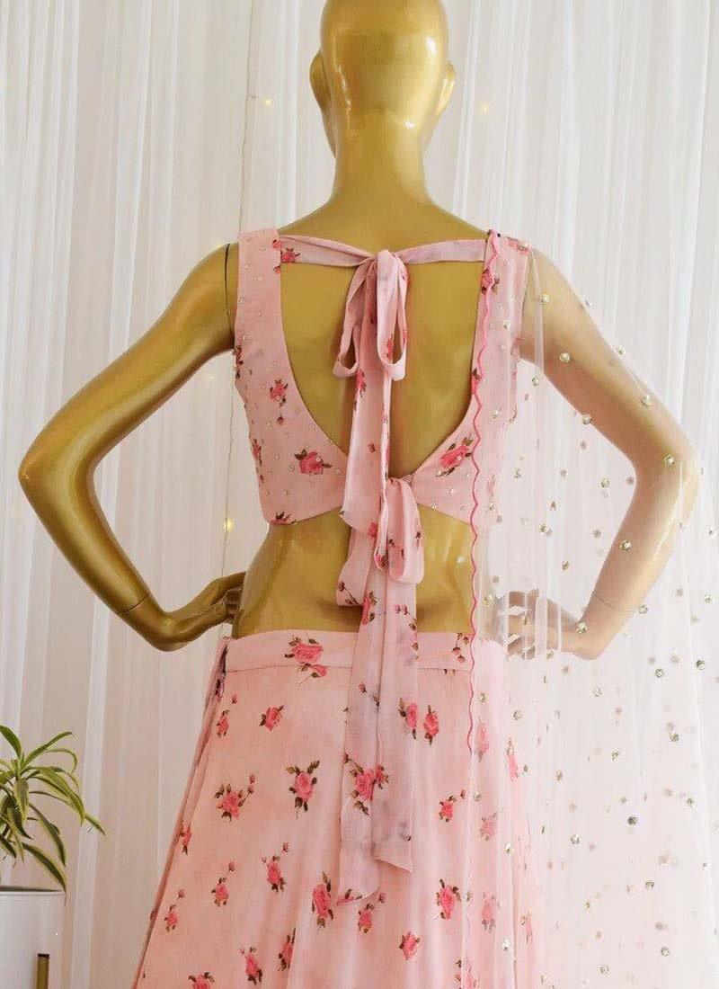 Peach Color Georgette Fabric Printed Crop Top Lehenga Choli Outlet Store Cheap Pice