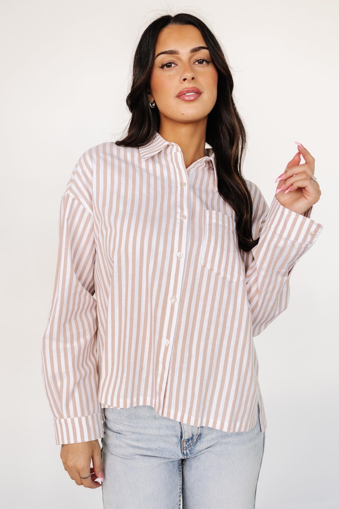 Shasta Button Up Top | Beige Stripe View Cheap Online