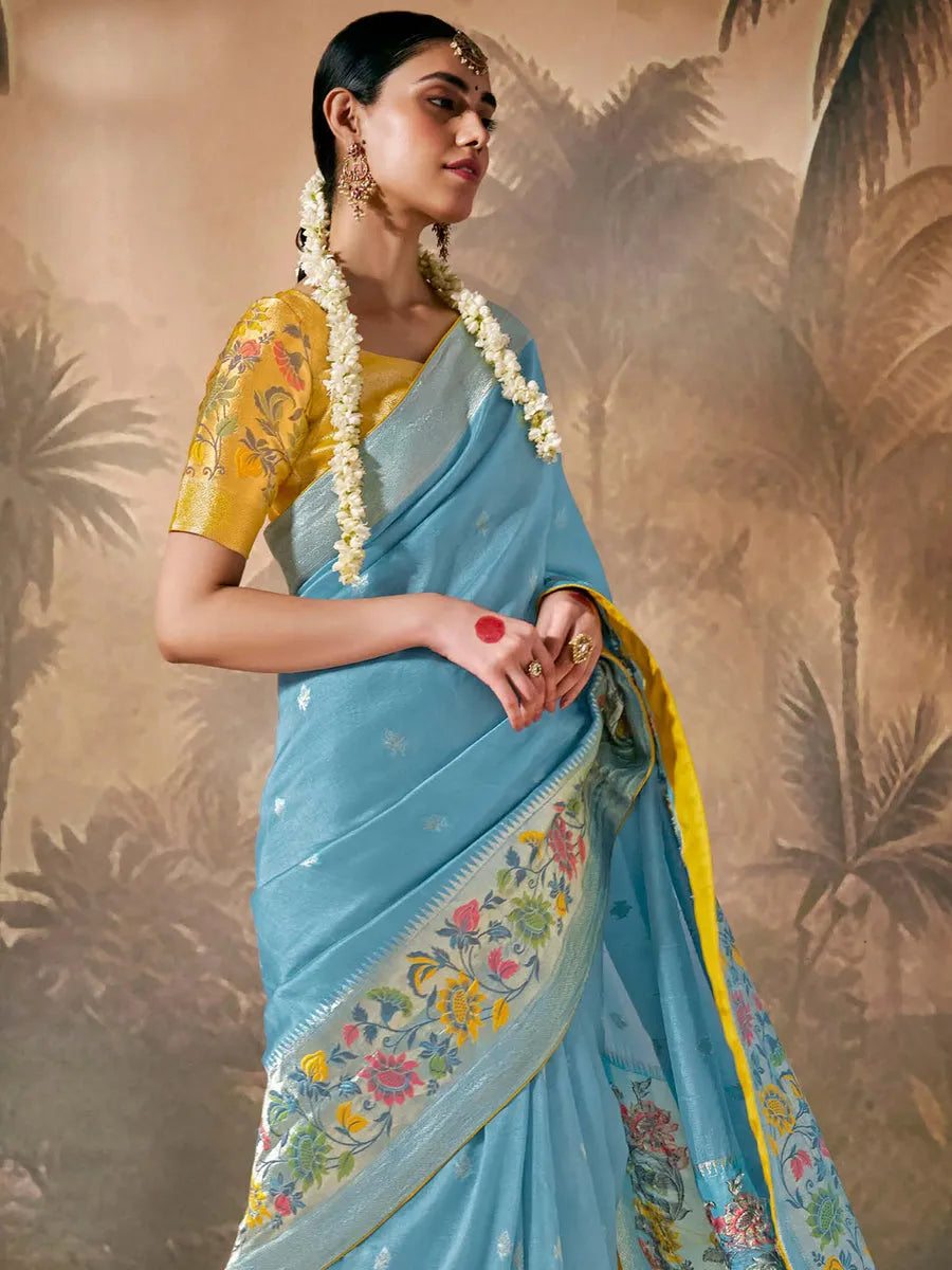 Flawless Sky Blue Paithani Banarasi Silk Saree with Floral Motifs Get Authentic Cheap Pice