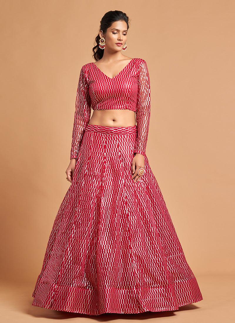 Hot Pink Color Fully Sequined Work Lehenga With V Neck Blouse Cheap Sale Lowest Pice