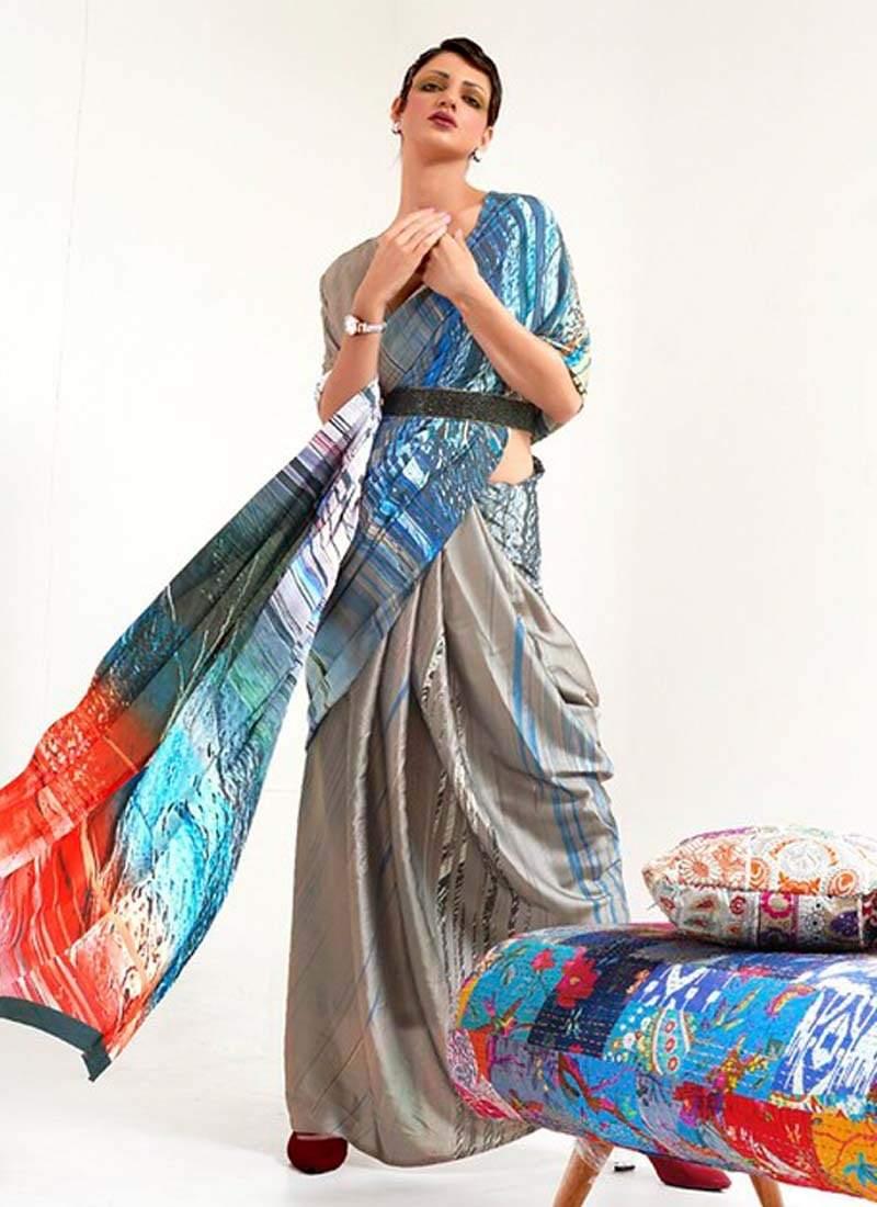 Crepe Fabric V-neck Blouse Fascinating Look Multi Color Printed Plain Saree Cheap Sale Now