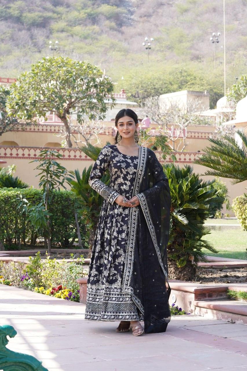 Stunning Viscous Jacquard Sequins Embroidered Worked Gown With Dupatta Clearance Store Sale Online