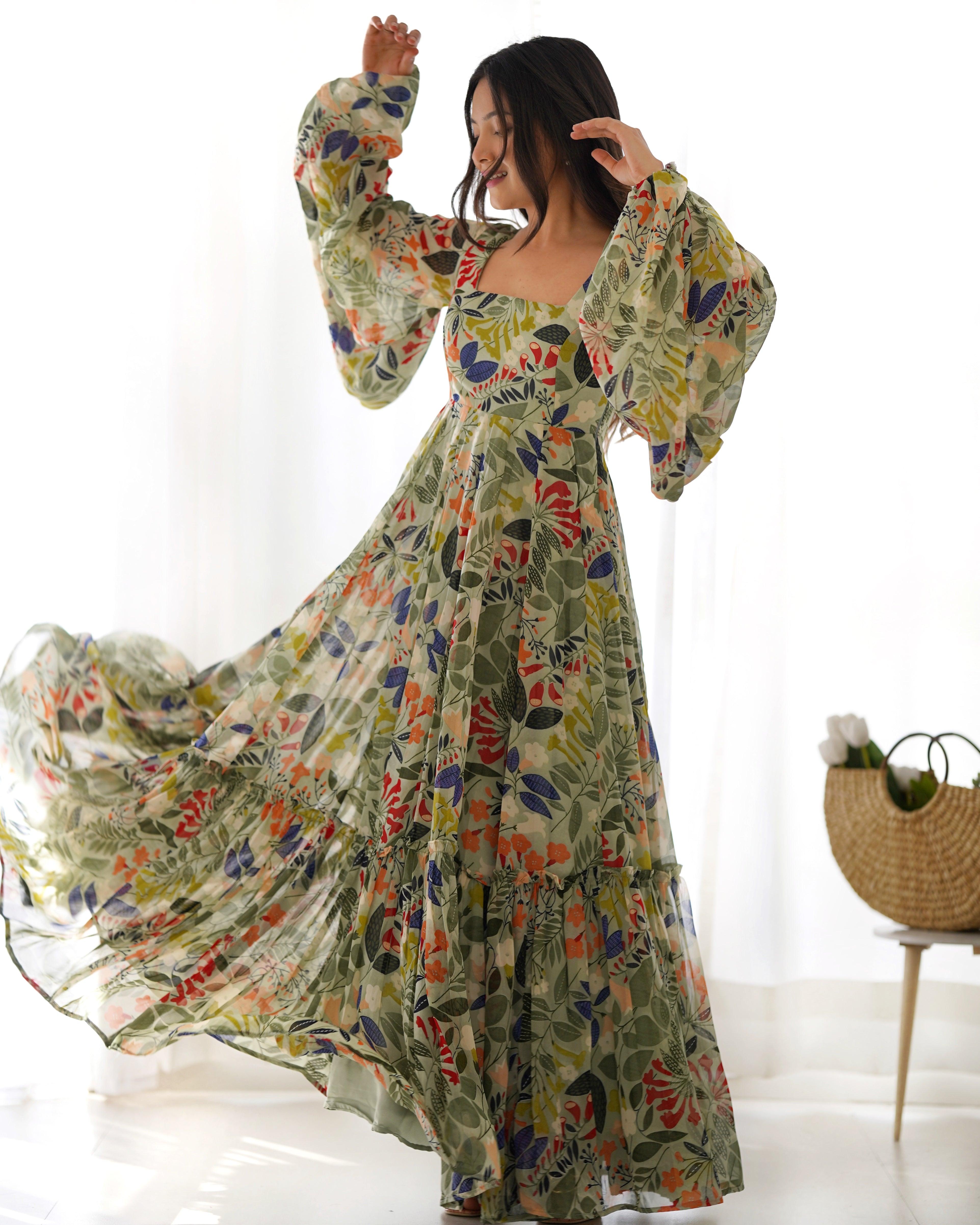 Multi color printed georgette base floral gown Sale Geniue Stockist