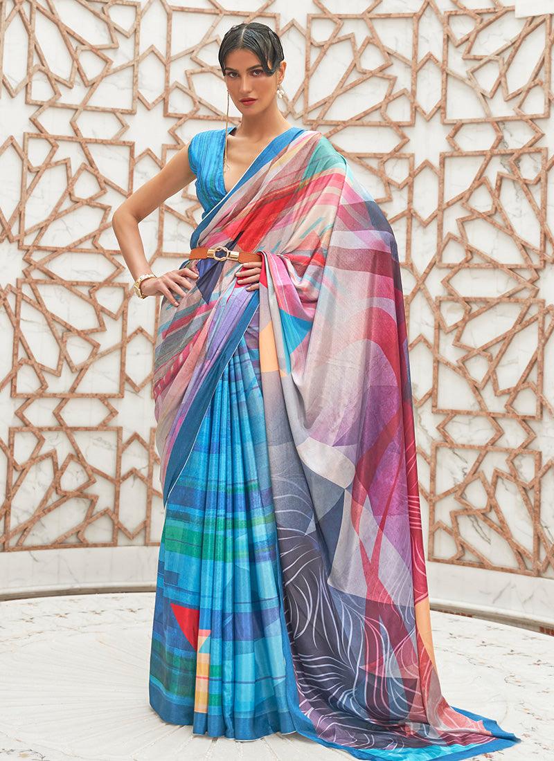 Mesmerizing Blue Color Silk Fabric Partywear Printed Saree Sale Online Shop