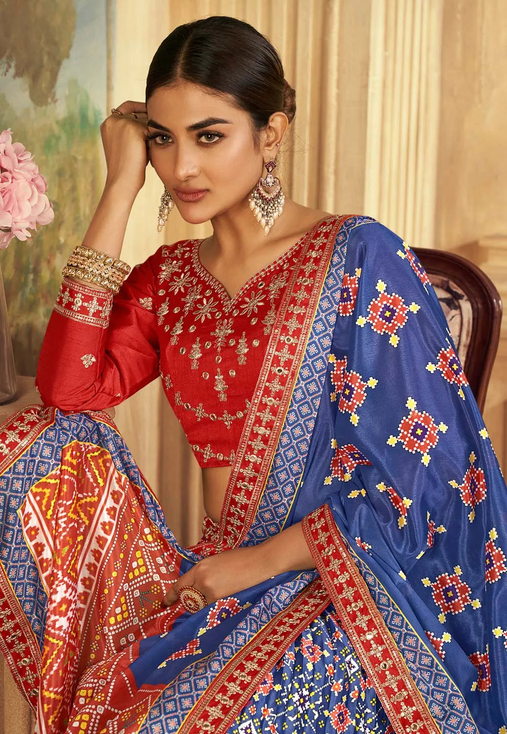 Exquisite Gaji Silk Navy-Red Patola Printed Lehenga Choli Limited Edition