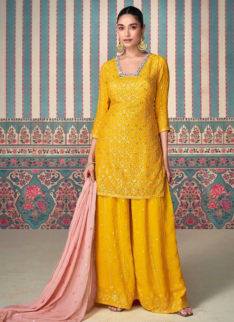 Charming Yellow Embroidered Chinon Sharara Suit Discount Ebay