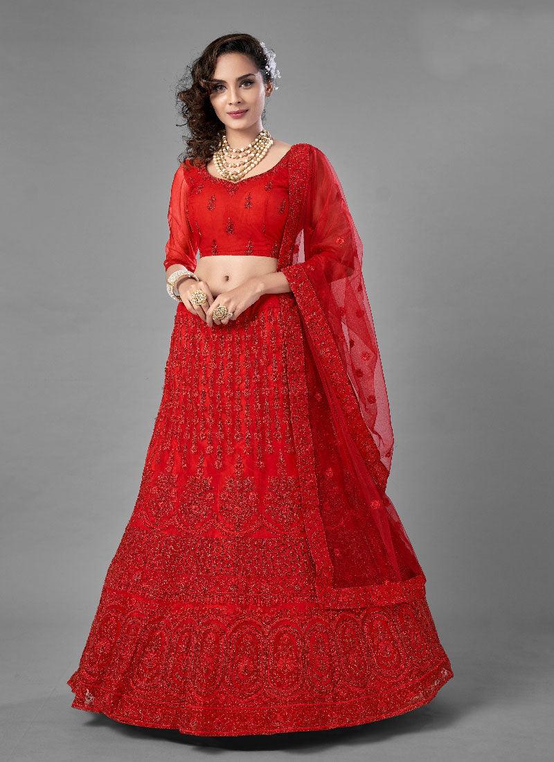 Soft Net Base Designer Flared Glamorous Red Lehenga Choli Brand New Unisex