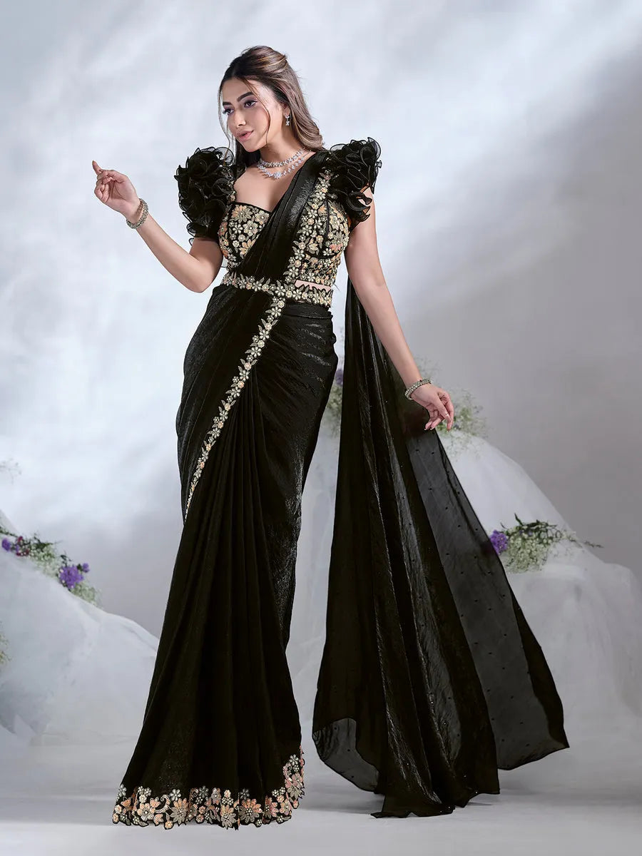 Dazzling Black Ready To Wear To Tone Satin Silk Saree Safe Shopping Cheap Online