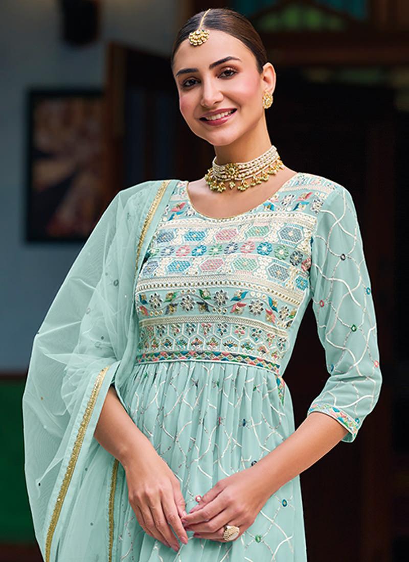 Embroidered Turquoise Suit With Crushed Palazzo Very Cheap Sale Online