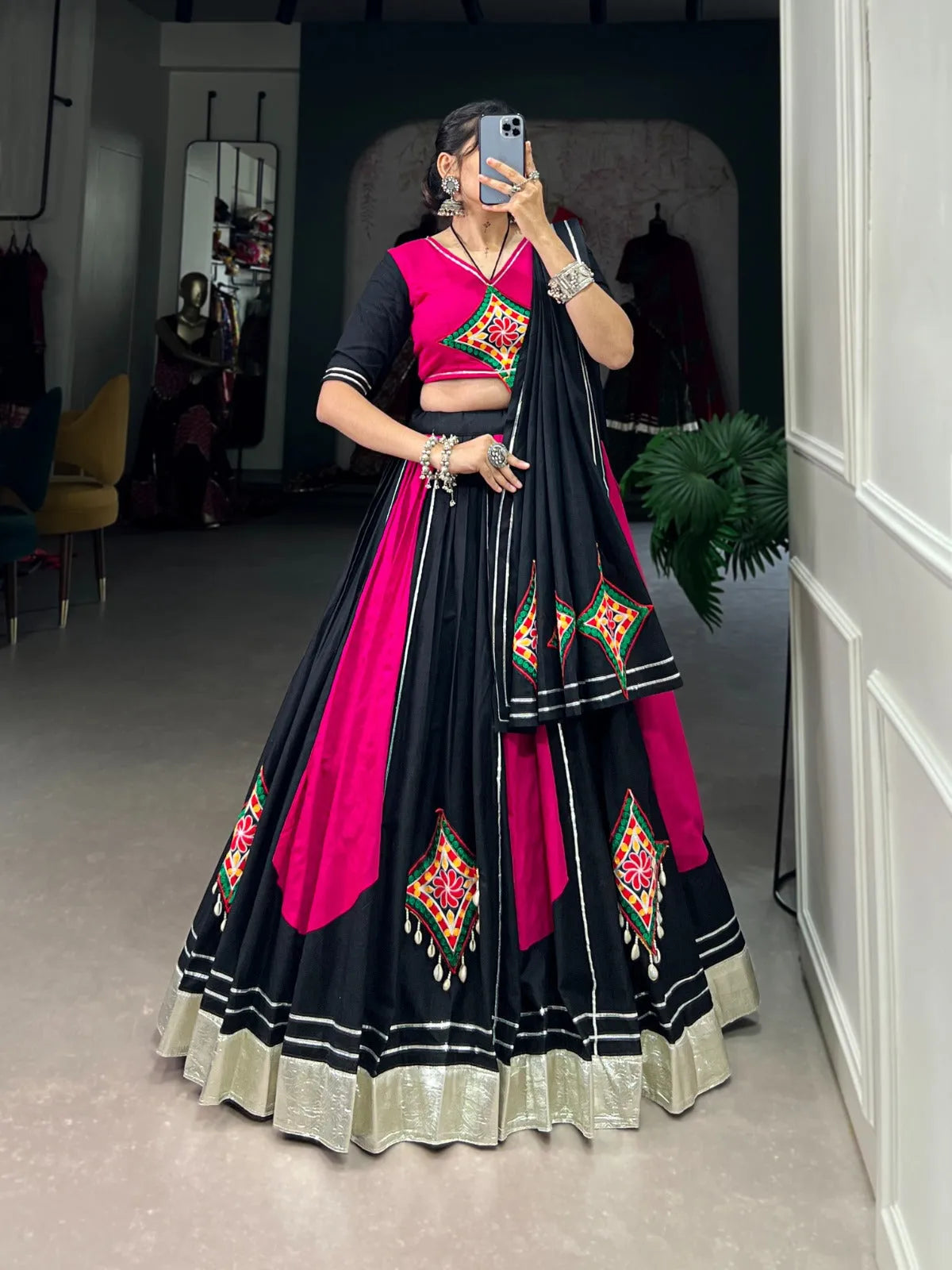 Pink Black Pure Cotton Gamthi Gota Patti Worked Navratri Lehenga Choli 2025 New