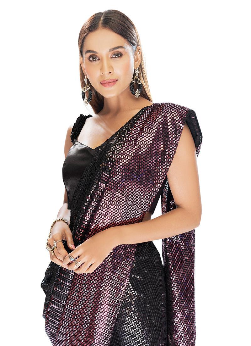 Purple Heavy Sequins Partywear Saree Sale Finishline