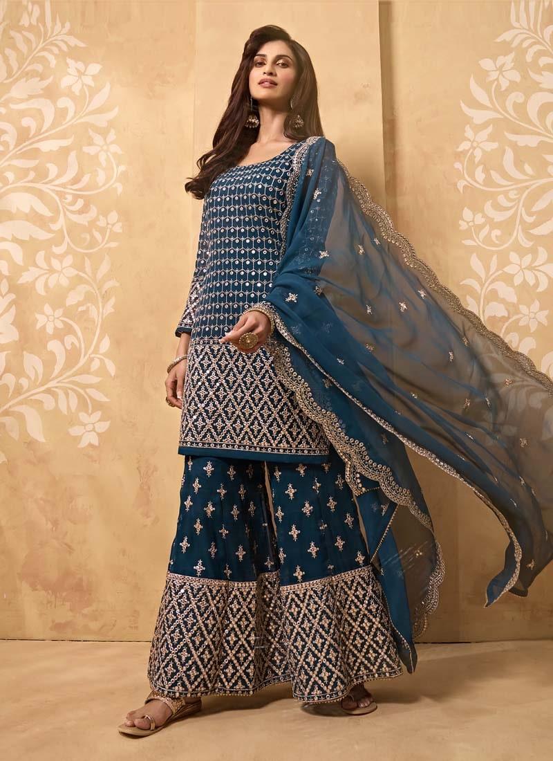 Zari And Mirror Work Blue Color Georgette Base Sharara Salwar Suit Cheap Sale Really