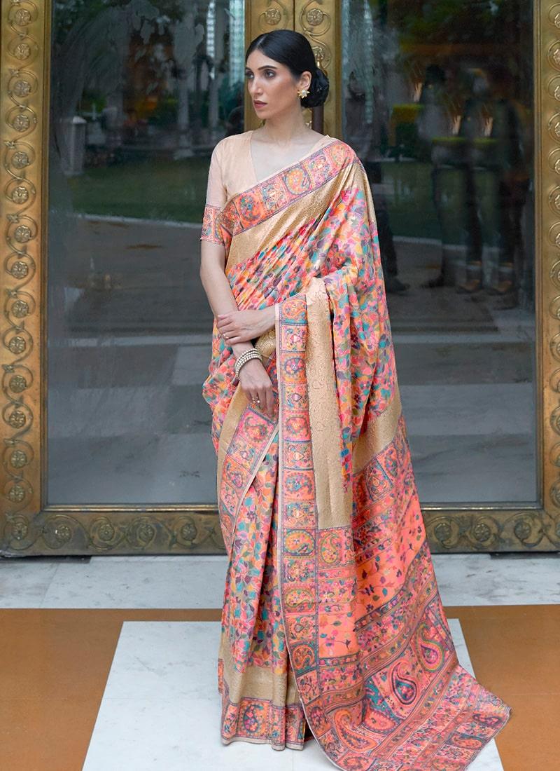 Intriguing Look Beige Color Silk Fabric Silk Weave Saree Free Shipping Eastbay