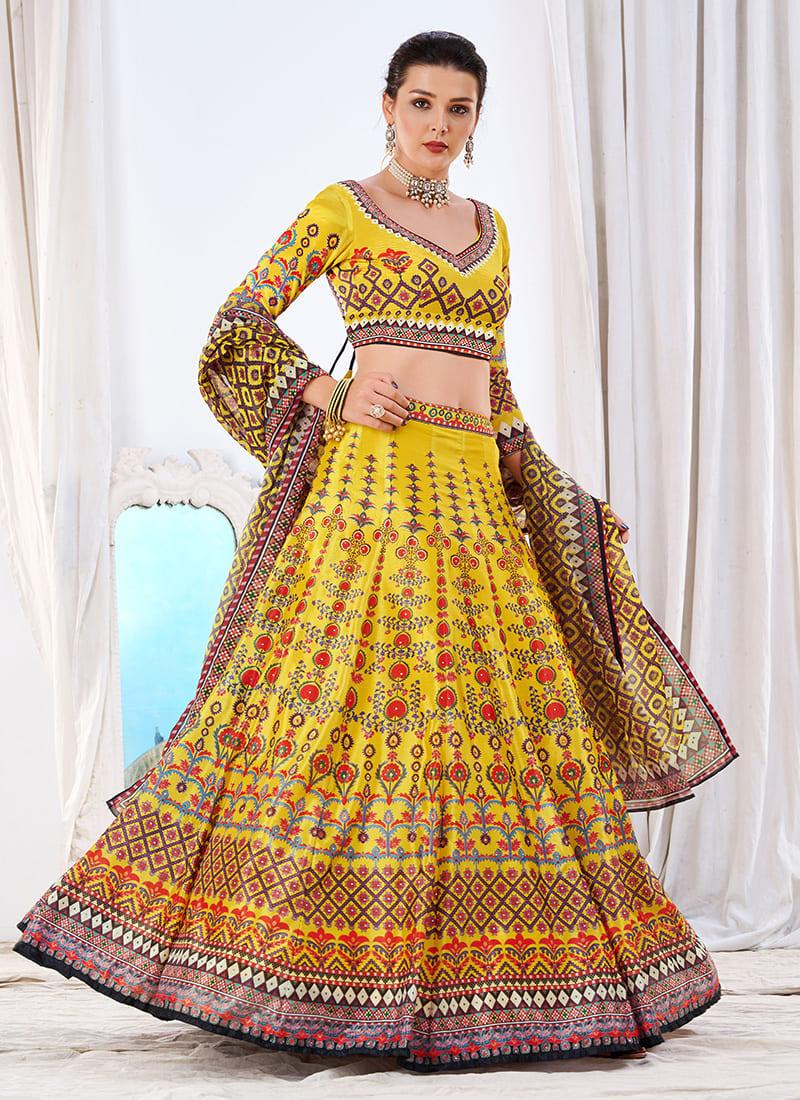 Digital Printed Deep Neckline Yellow Lehenga Choli Free Shipping Very Cheap