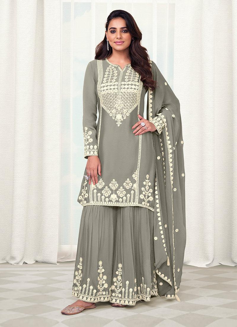 Embroidered Chinon Grey Sharara Suit Footlocker Cheap Online