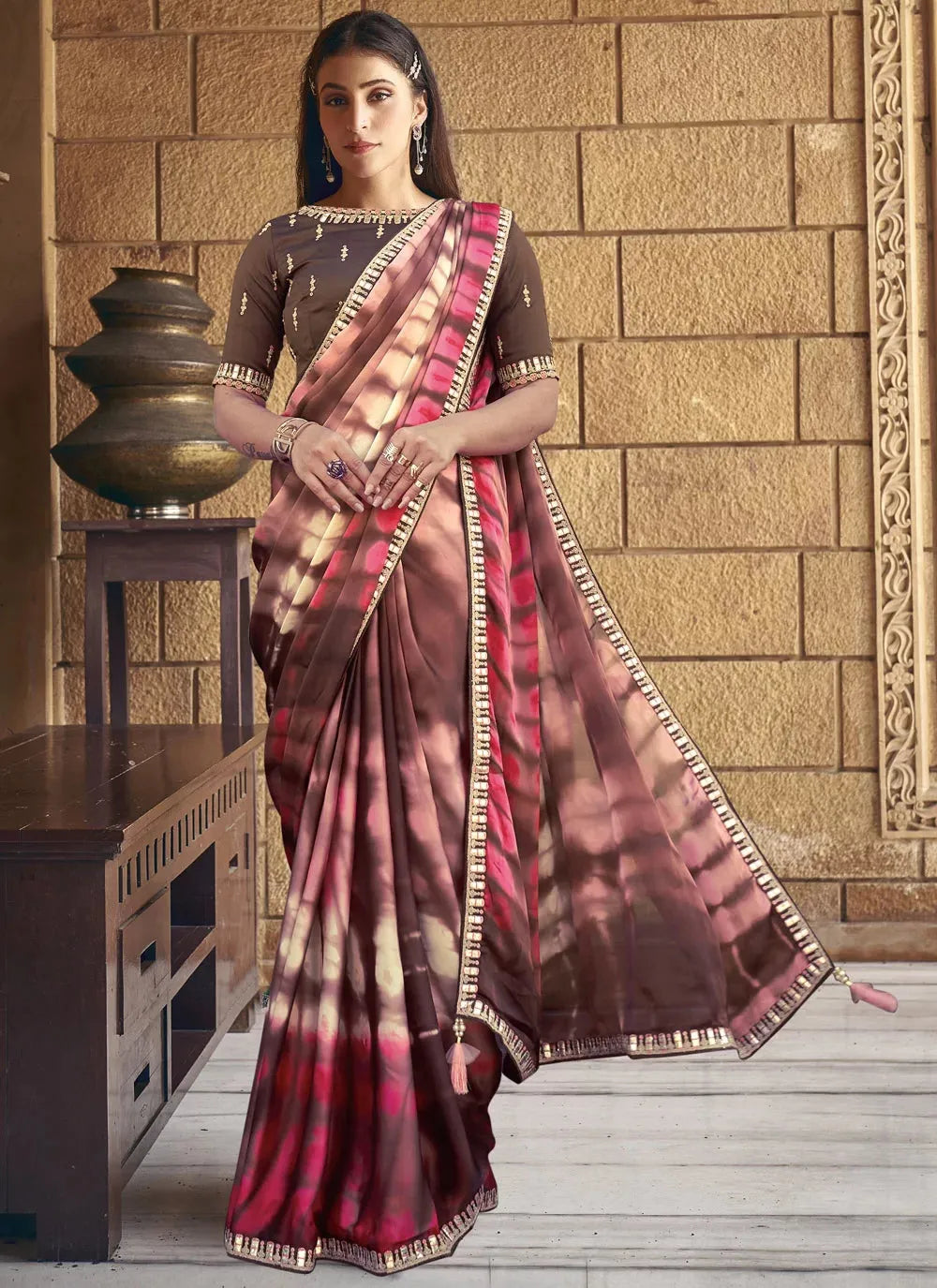 Brown Printed Gota Worked Crepe Georgette Designer Saree Enjoy Cheap Online