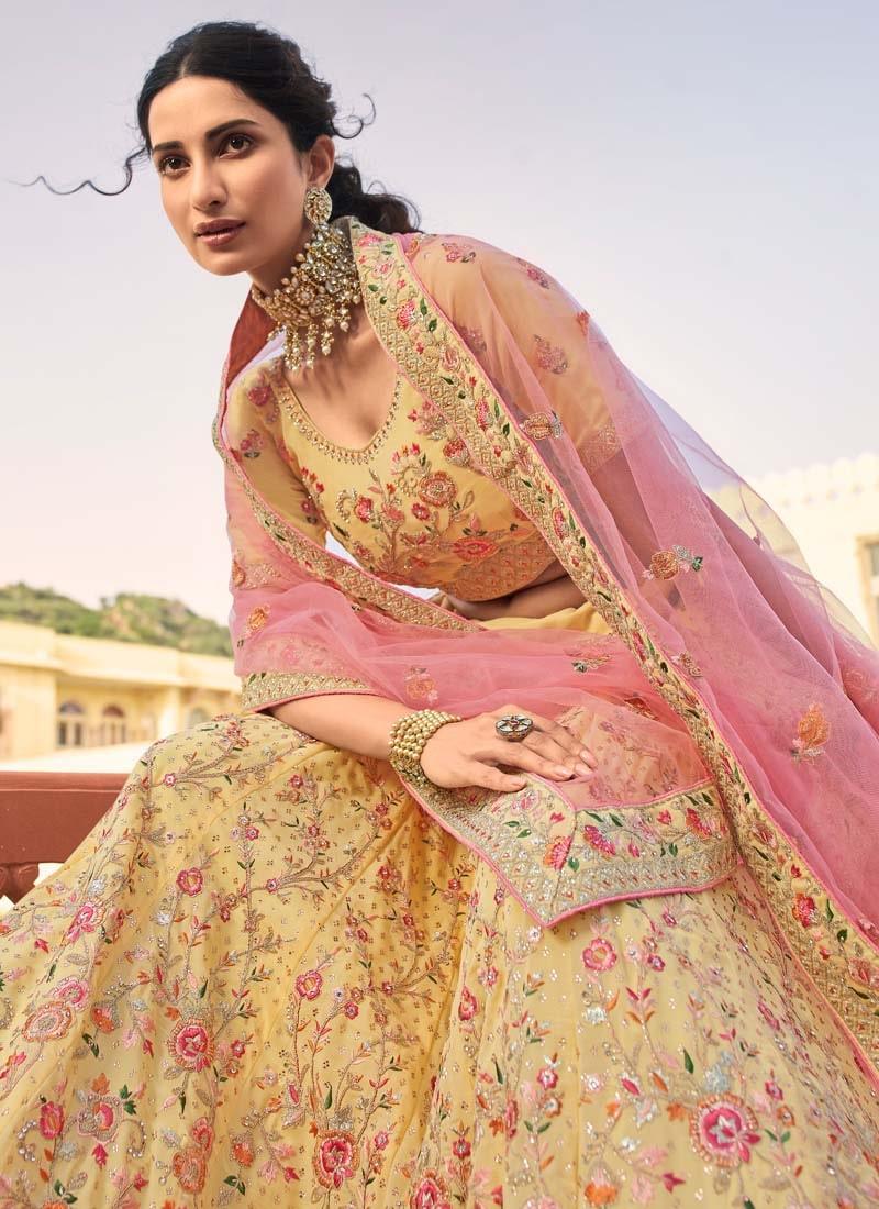 Zari And Stone Work Organza Fabric Yellow Color Lehenga With Net Dupatta Sale Original