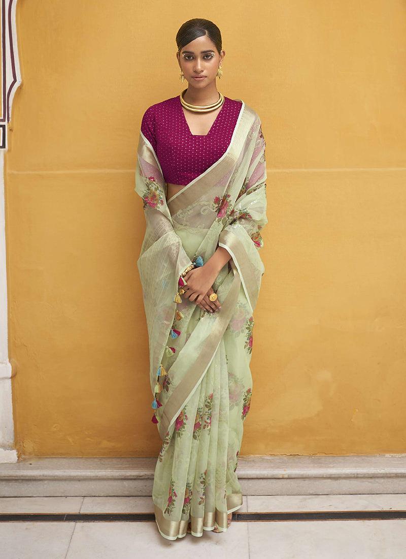 Light Green Deep V-Neckline Floral Saree Online Online For Sale