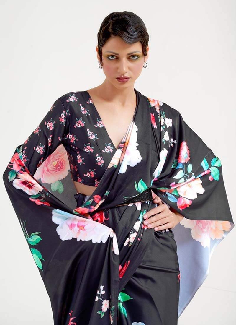 Fancy Looking V-Neck Blouse Black Color Crepe Fabric Floral Print Saree Buy Cheap Low Shipping Fee