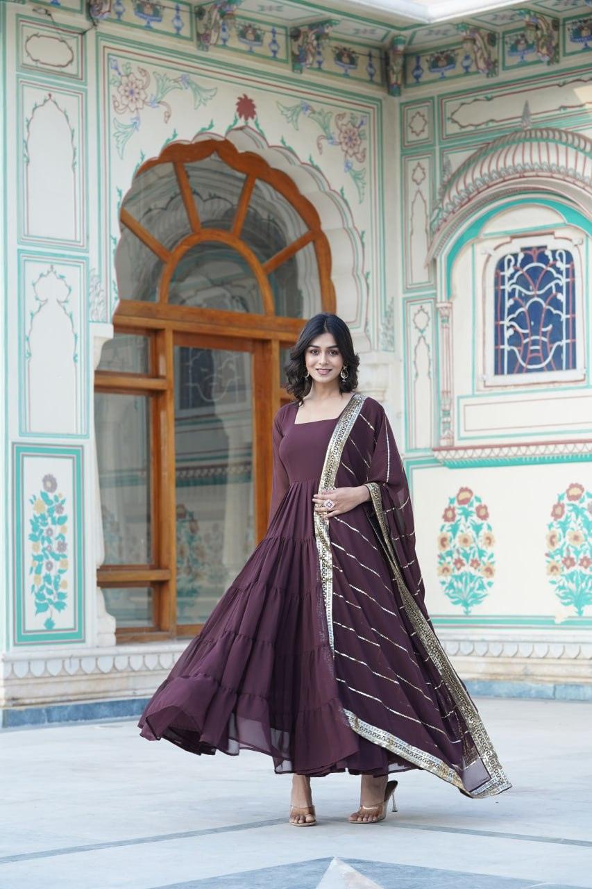 Brown Georgette Embroidered Gown with dupatta Free Shipping Eastbay