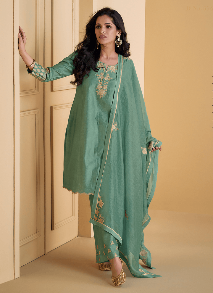 Sea Green Pure Silk Cording Worked Designer Top Palazzo Suit Largest Supplier