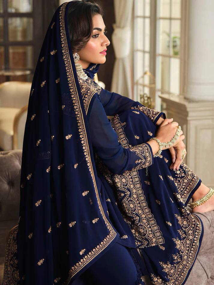 Heartwarming Navy Blue Faux Georgette Embroidered Sharara Suit Clearance Pirce Sale