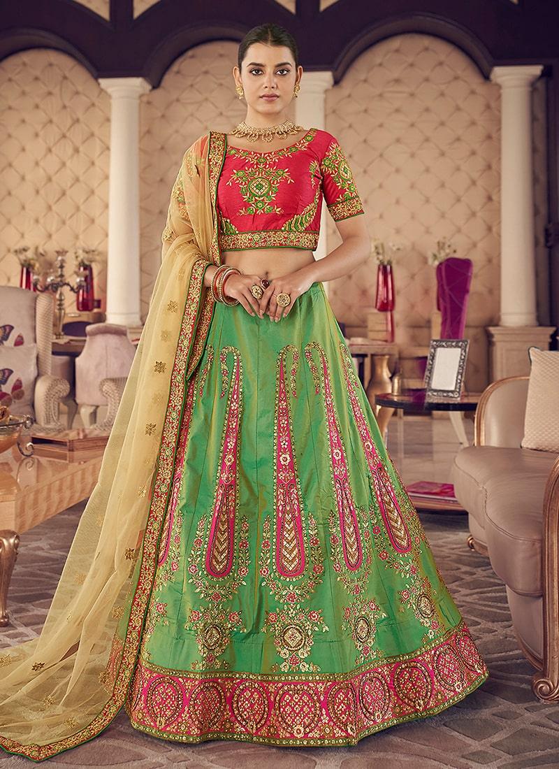 Green Color Jacquard Silk Fabric Zari And Stone Work Lehenga Outlet Newest