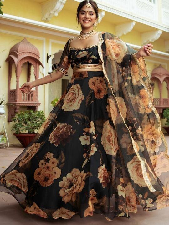 Black Organza printed Floral lehenga choli Cheap Fashion Style