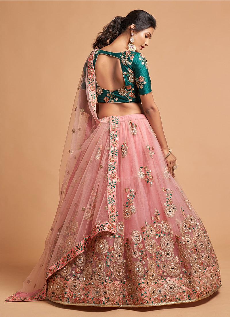 Soft Net Base Peach Color Embroidered Lehenga Choli With Contrast Blouse Hot Sale Cheap Pice