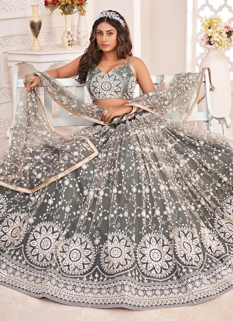 Dusty Green Soft Net Wedding Lehenga Best Place To Buy