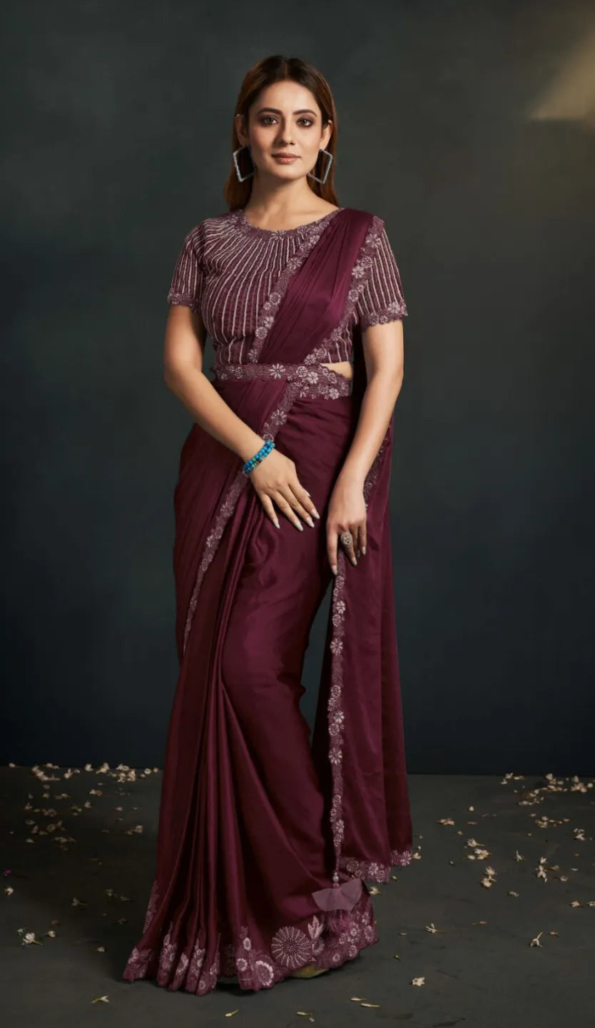 Elegant Wine Satin Silk Crepe Embroidered Ready To Wear Saree Free Shipping Big Discount