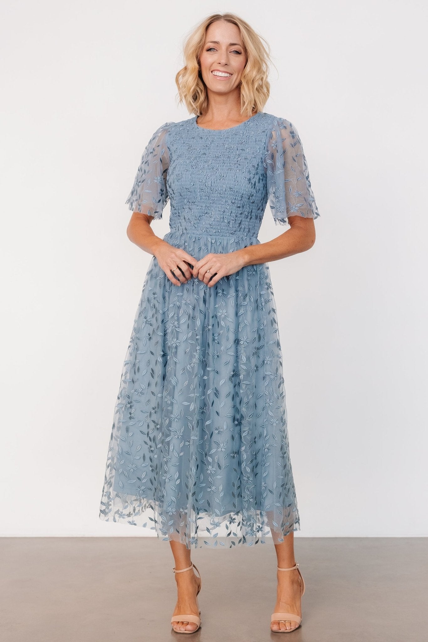 Kendra Embroidered Dress | Dusty Blue Deals Cheap Pice