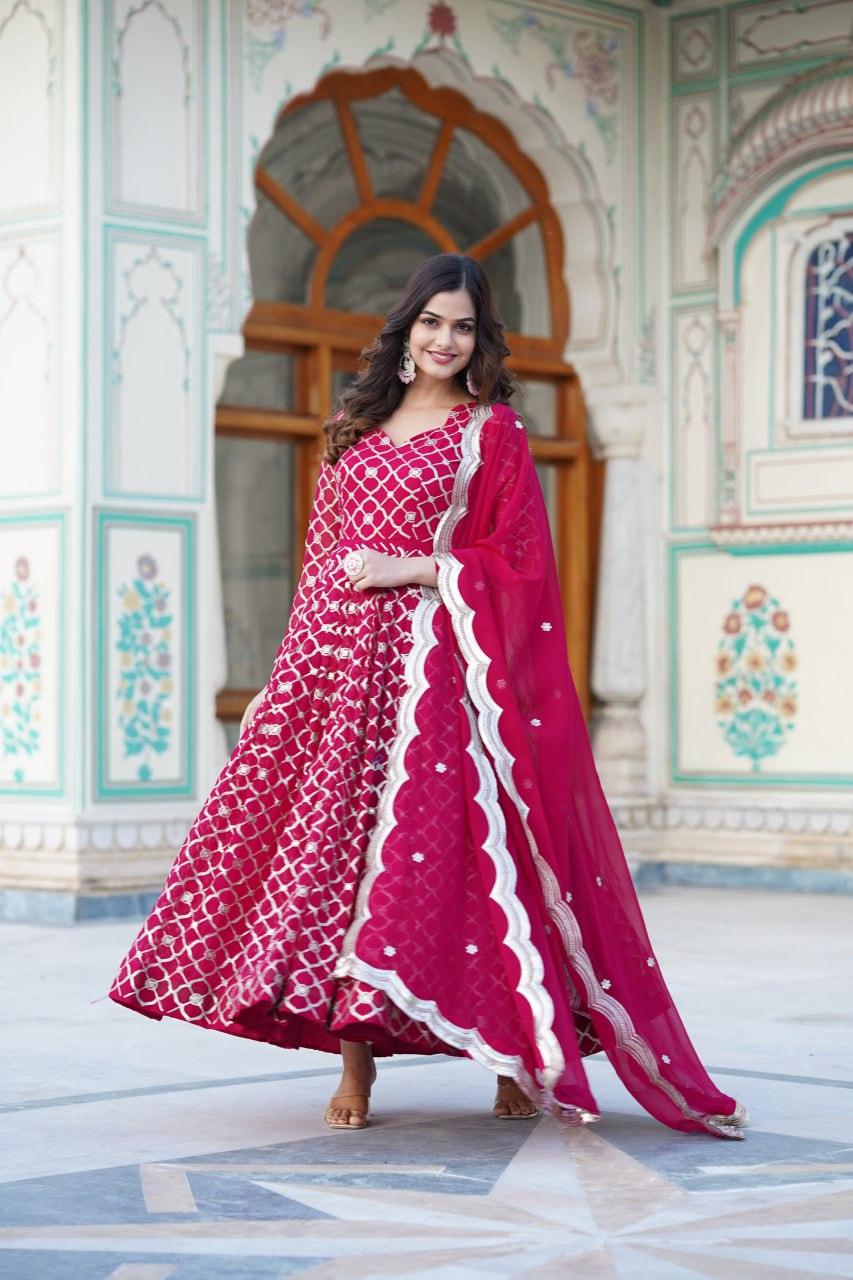 Rani pink Georgette Embroidered gown with dupatta From China