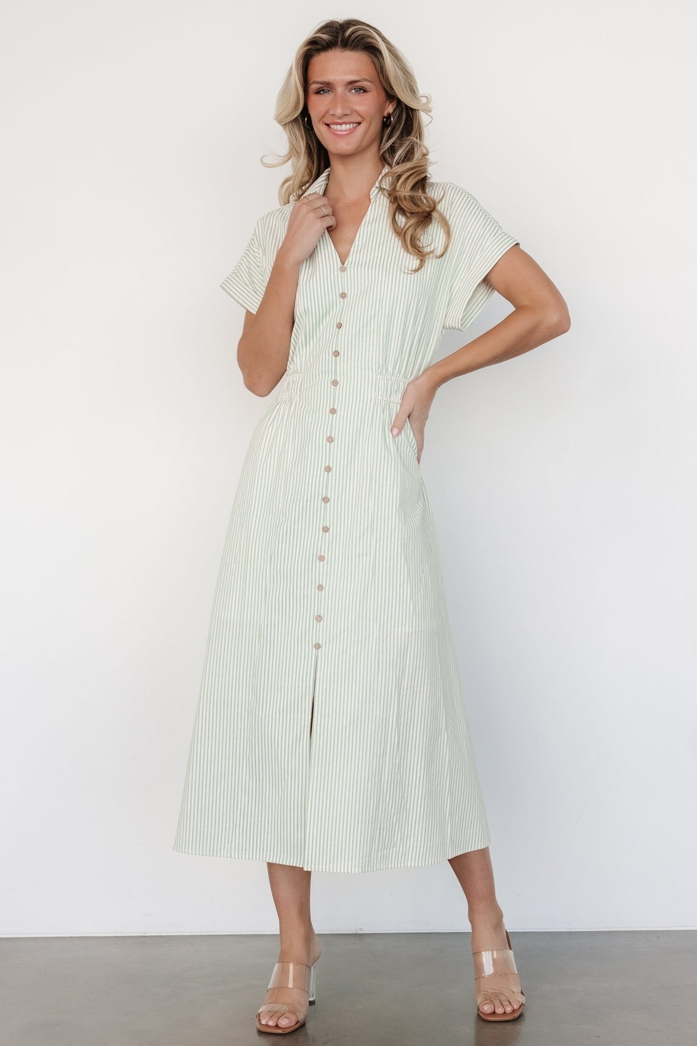 Larah Button Dress | Sage Stripe Sale Affordable