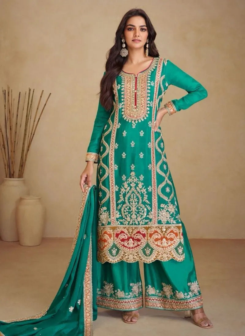 Beautifully Embroidered Teal Green Pure Chinon Palazzo Suit Clearance Big Sale