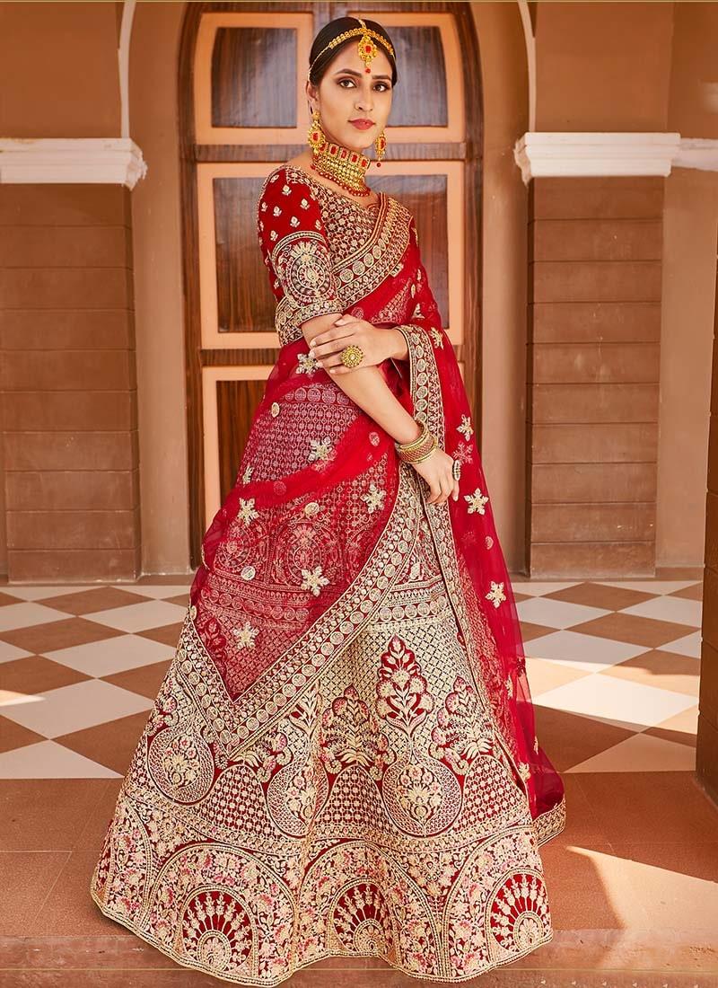 Sequins And Dori Work Exquisite Look Red Color Weddingwear Lehenga Best Place To Buy