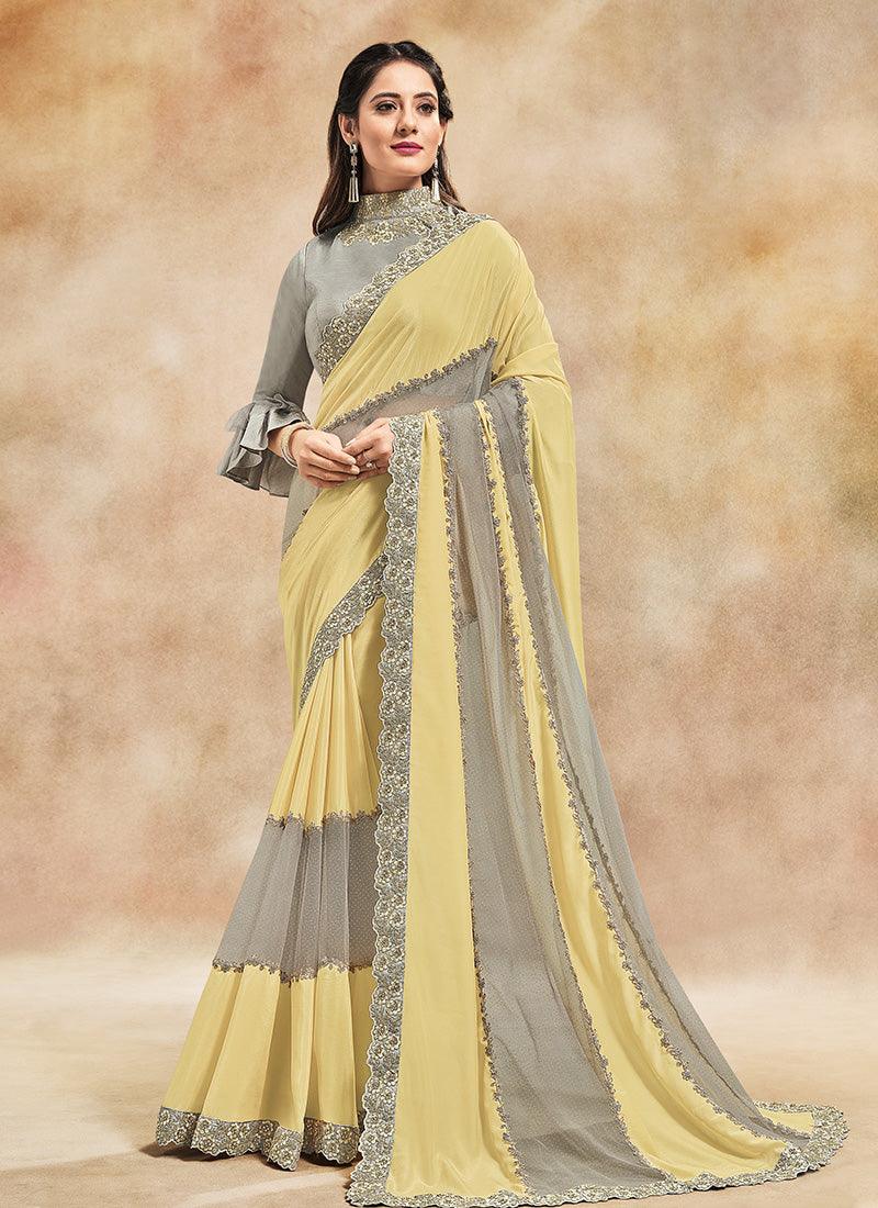 Light Yellow Georgette Base Resham Work Half And Half Saree With Frill And Flare Sleeves Blouse Original For Sale