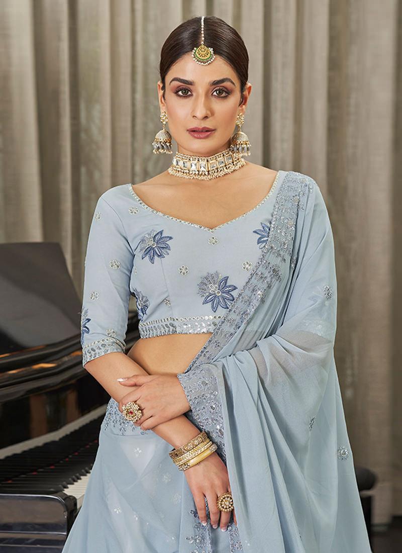 Sequins With Thread Embroidery Sky Blue Lehenga Popular