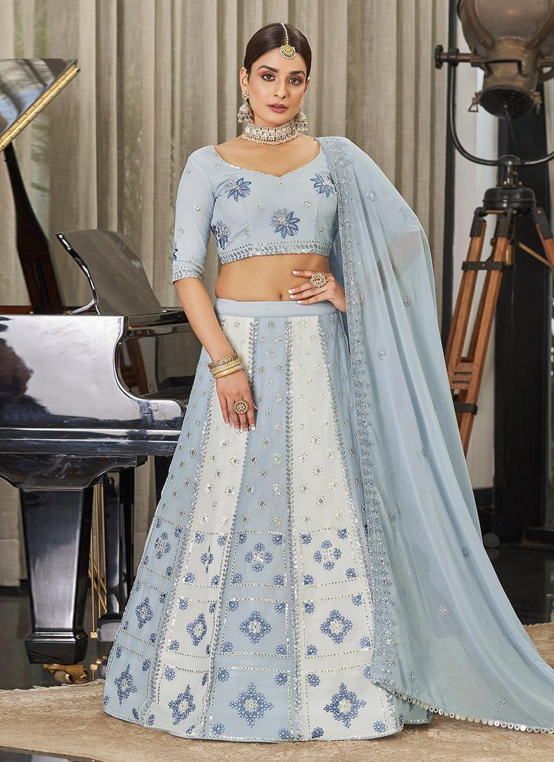 Sequins With Thread Embroidery Sky Blue Lehenga Popular