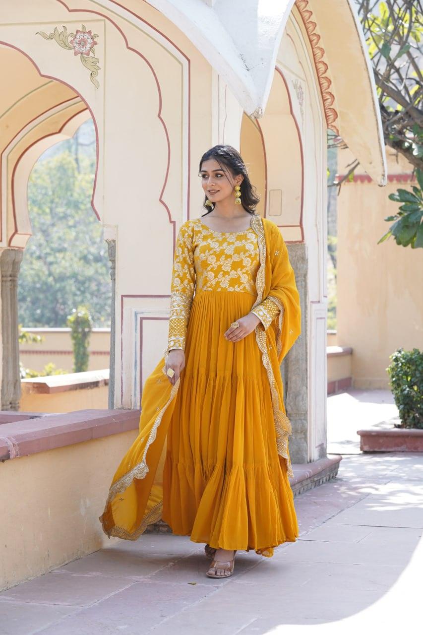 Yellow Georgette Ruffle gown with dupatta Pay With Visa Sale Online