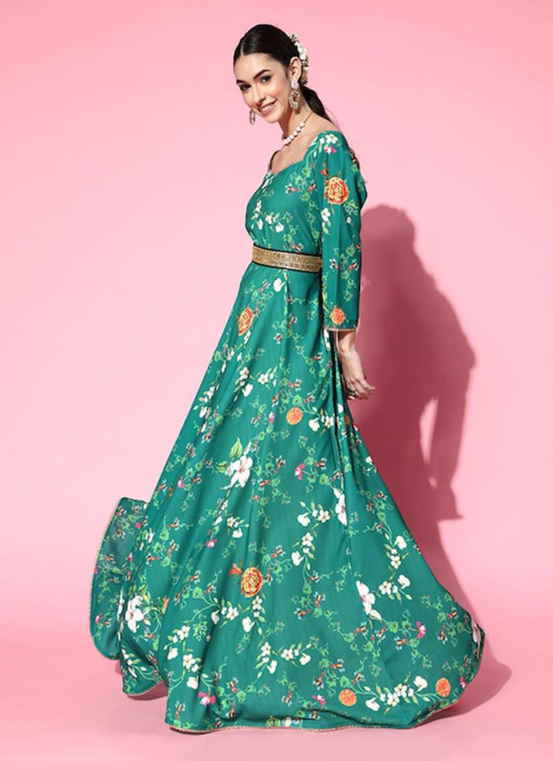 Teal Green Floral Anarakali With Belt Free Shipping Good Selling