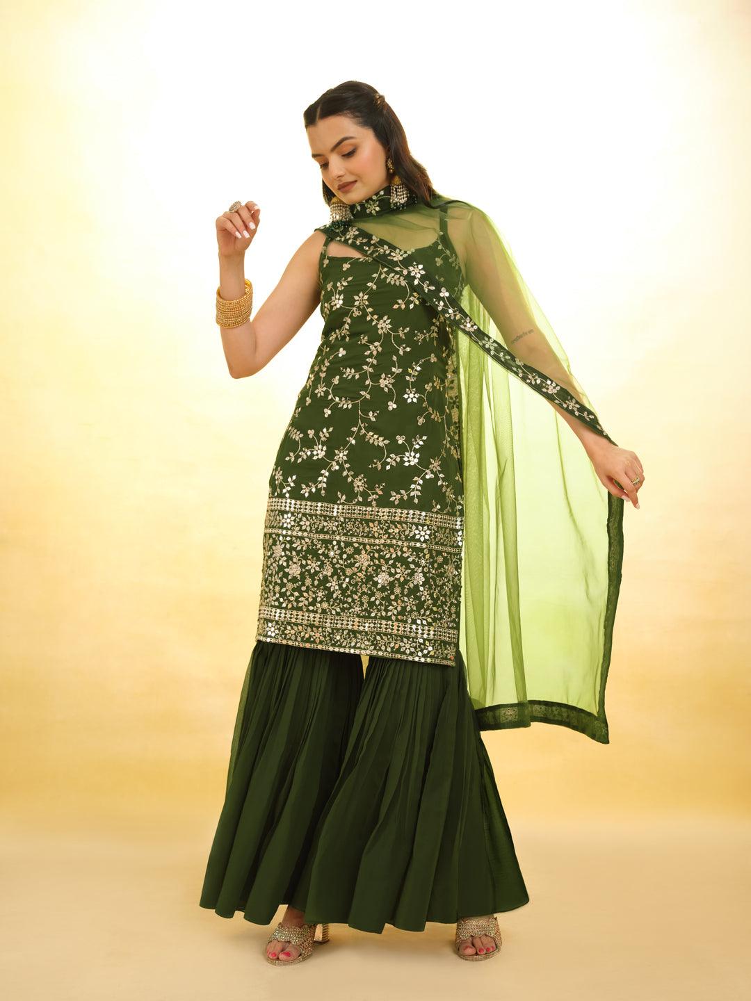 Green Embroidered Georgette Sharara Suit with dupatta Comfortable Cheap Pice