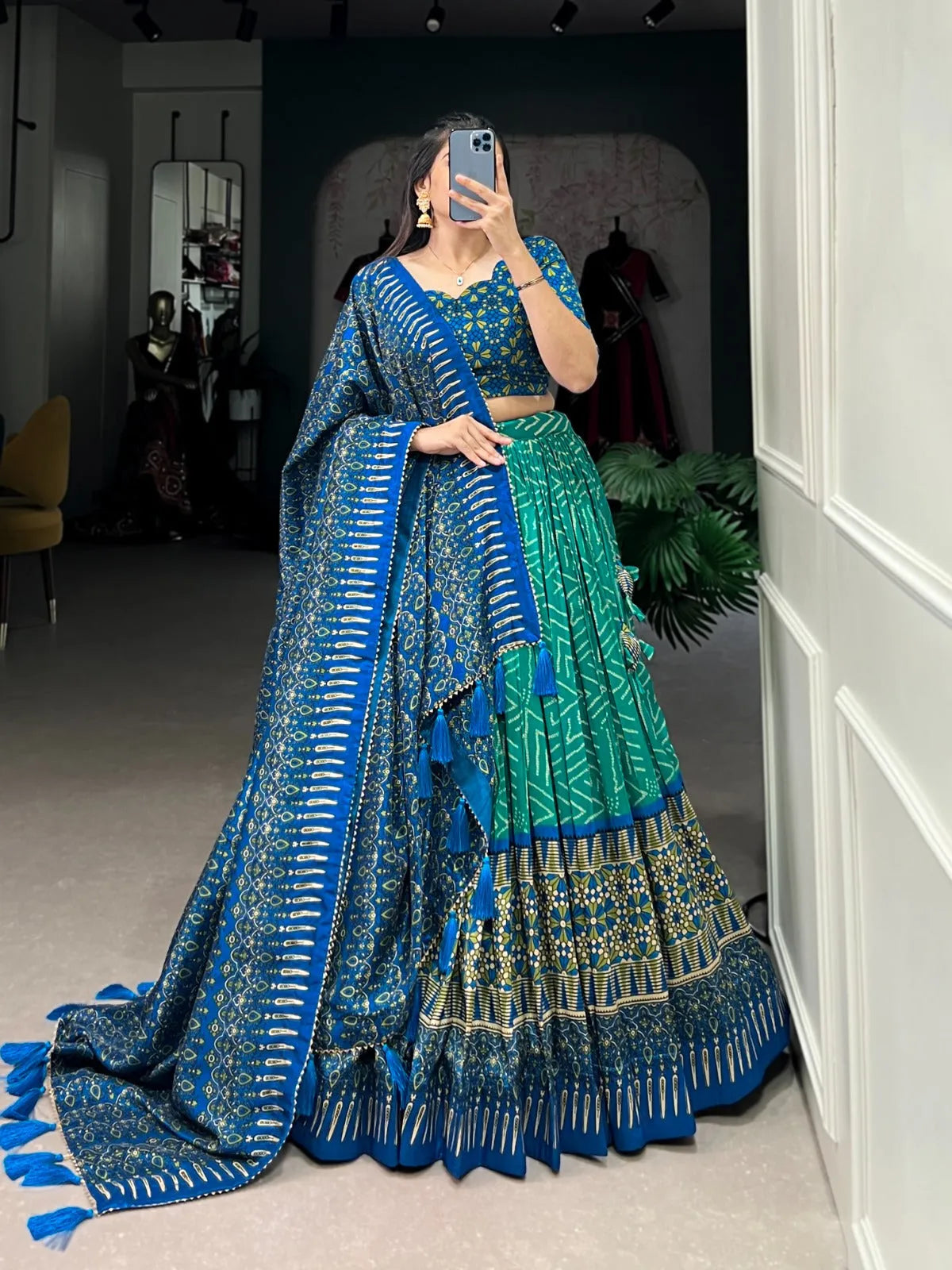 Elegant Bandhej And Ajrakh Printed Silk Lehenga Choli Cheapest Online